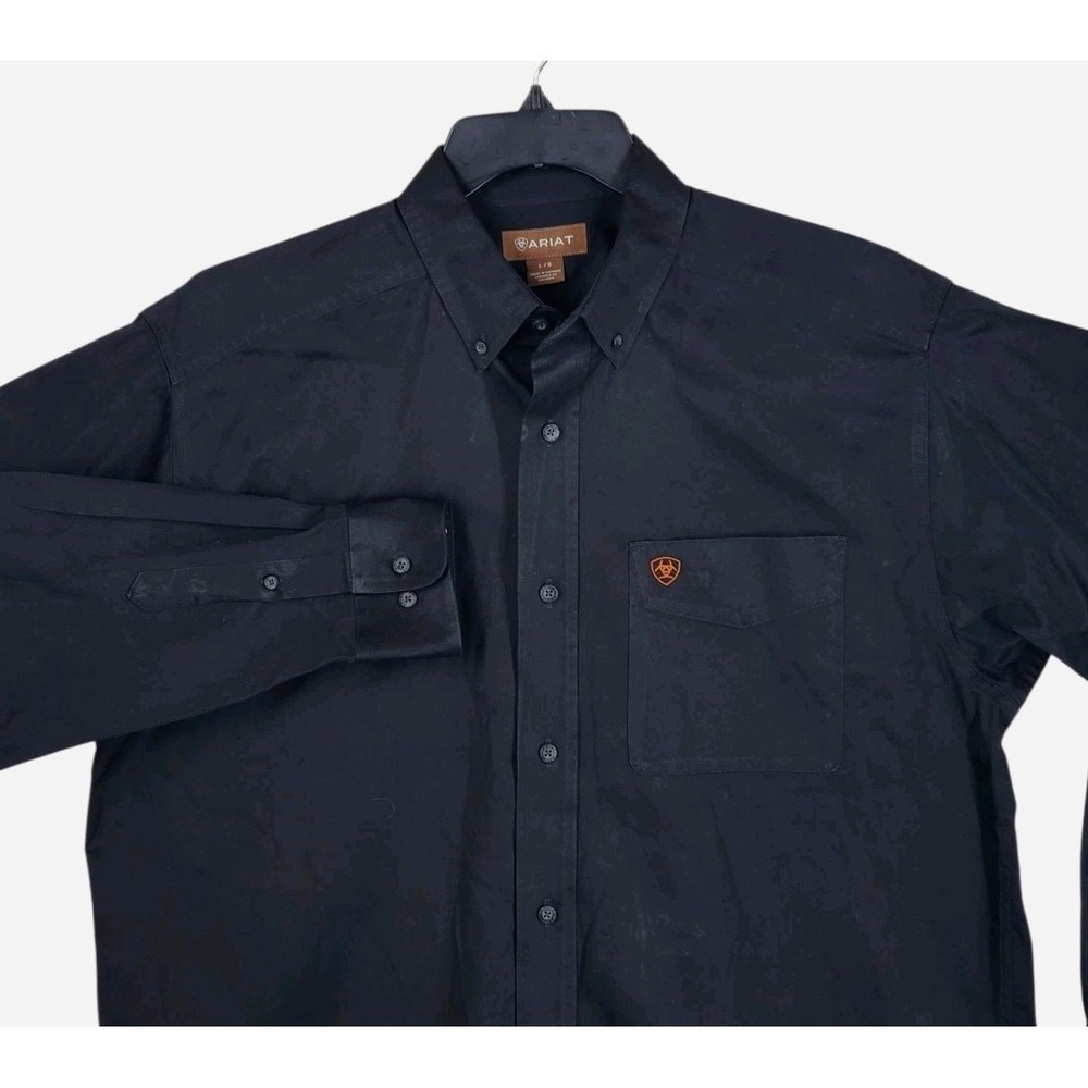 Ariat Solid Twill Black Dress Shirt Mens L Button Down Embroidered Logo LS